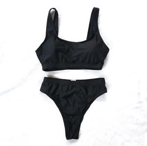 Black Two Piece High Cut Bikini Swimsuit Set